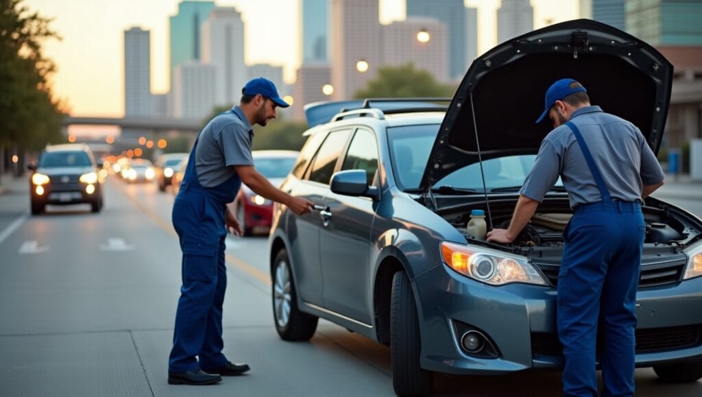A friendly mobile mechanic in uniform working on a car parked in a suburban Nashville driveway, tools neatly arranged, with the city skyline in the background, during a sunny afternoon.
