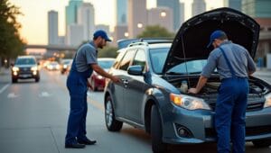 A friendly mobile mechanic in uniform working on a car parked in a suburban Nashville driveway, tools neatly arranged, with the city skyline in the background, during a sunny afternoon.